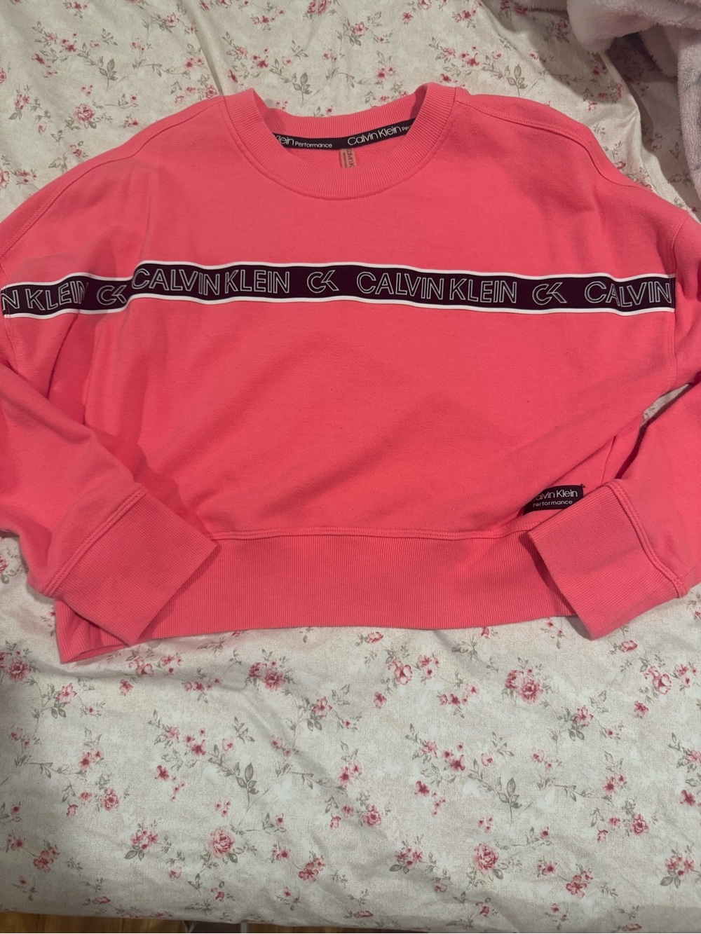 Calvin Klein slightly cropped coral Pink Logo Crewneck Sweater